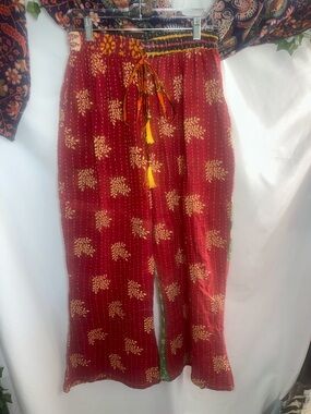 Boho Red Printed Drawstring Pants with Yellow Accent